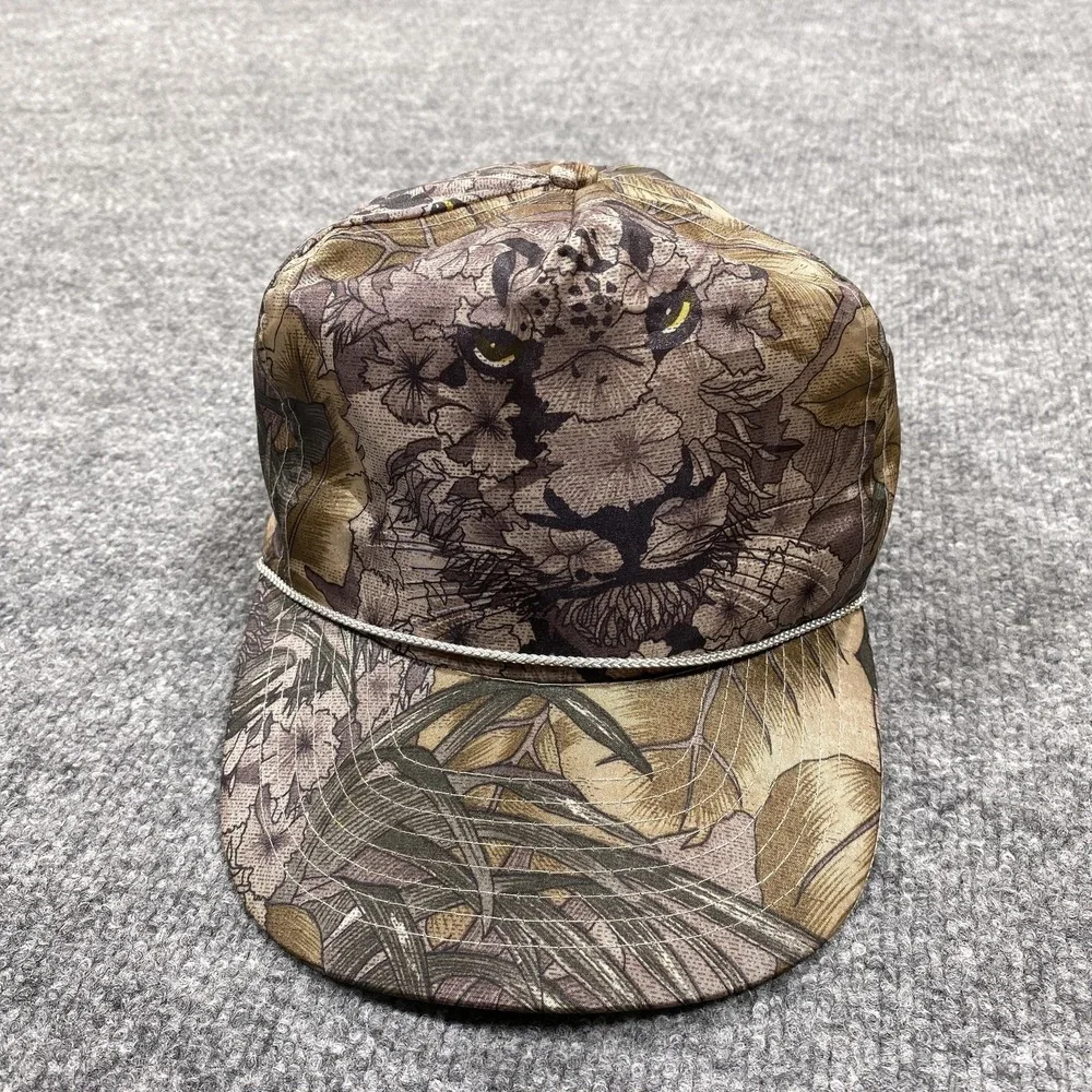 Vintage Hat Cap Snap Back Mens Brown Floral Canvas Rope Cat Face Panther
